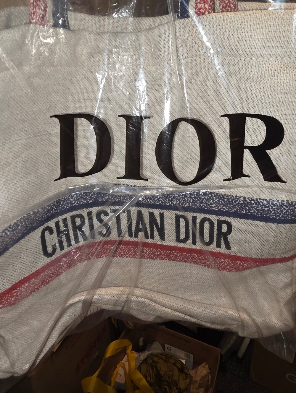 Christan Dior Canvas Tote in White with Blue & Red Stars & Stripes - Picture 5 of 6